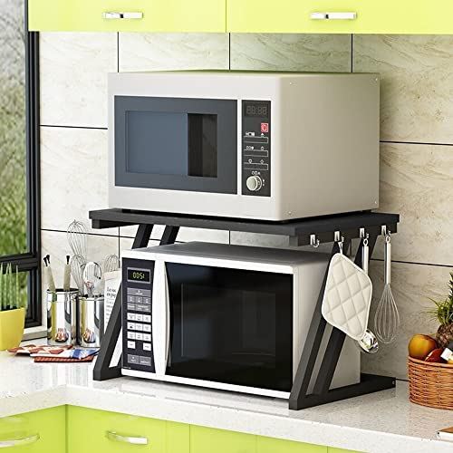 THINFAR Estantería estable de madera para horno de microondas con ganchos, soporte para microondas de 2 niveles, soporte para estante de cocina, estante de almacenamiento de encimera de cocina (57 x