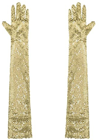 Agoky Damen Pailletten Handschuhe Abendhandschuhe Ellenbogen Lang Party Hochzeit Braut Armstulpen Fäustlinge Gloves Gold Einheitsgröße