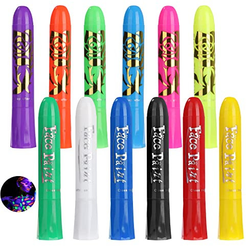Glow In the Black Light Face Paint Crayons Kit, 12pcs Neon Face Paint Crayons Glow Body Paint Sticks Neon Body Paint Markers for Halloween Masquerades Makeup Party (12 Colors)