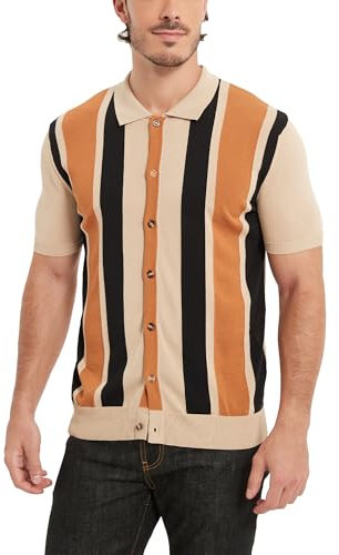 Kallspin Men's Vintage Knit Polo Shirt Short Sleeve Striped Button Down Knitting Golf Shirts(Beige Medium)