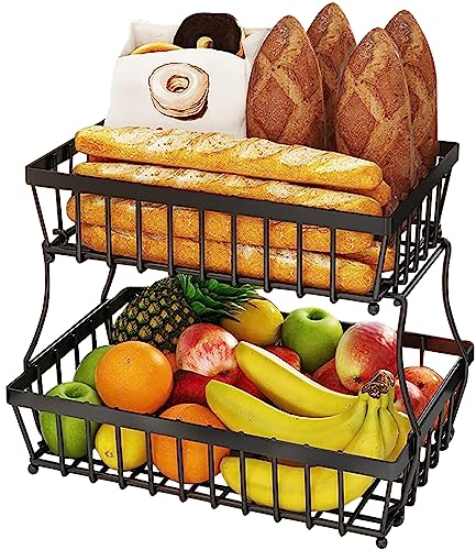 Obstkorb mit 2 Ebenen, für Küche, Theke, Obst, Gemüse, Snacks, Aufbewahrung, Halter, Ständer, Organizer, abnehmbarer Metalldraht, Brottablett