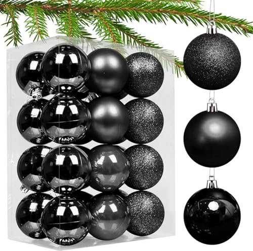 Taeku Palline di Natale, 6CM 24Pcs Albero di Natale Palla Plastica Addobbi Natalizi Palline Decorative con Ganci per Partito di Nozze di Vacanza (Nero)
