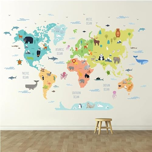Baby Boo! Wandtattoo Kinderzimmer, große Weltkarte mit Tieren, Kinderzimmer Deko, Babyzimmer Deko, Wandsticker Kinderzimmer, Wandaufkleber Kinderzimmer, PVC, Wanddeko, 2x (90 x 30 cm)
