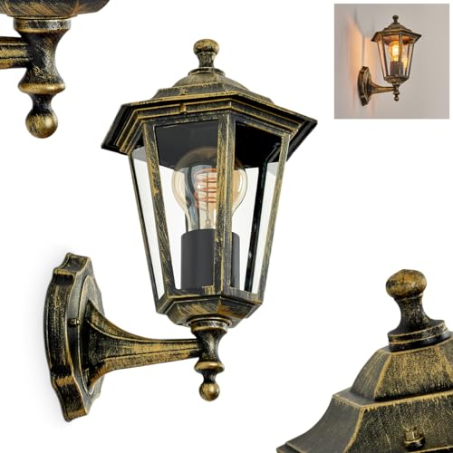HOFSTEIN Außenwandleuchte Loria, Wandlampe aufwärts in antikem Look aus Metall/Glas in Schwarz-Goldfarben/Klar, Wandleuchte im Landhaus-Stil, Außenleuchte für Terrasse, E27, ohne Leuchtmittel, IP44