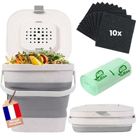 Composteur de Cuisine sans Odeur avec 10 Filtres à Charbon - Poubelle à Compost 4L pour Cuisine & Appartement – Kit avec Seau + 10 Filtres Anti-Odeur + 25 Sacs Poubelle + Guide Compost (Grise)
