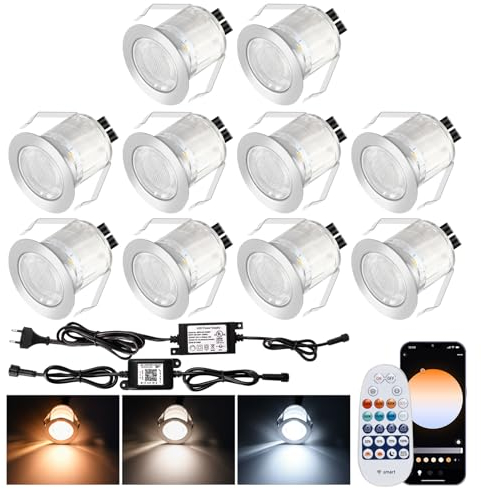 SUBOSI 10er WIFI Smart Dimmbar 1W Warmweiß Kaltes Weiß, Weiß 3 in 1 3000k-6000k LED Bodeneinbauleuchten 0.6W Arbeitet mit Alexa, Google Home, Ø31mm IP67 Wasserdicht, Timing function,mit Fernbedienung