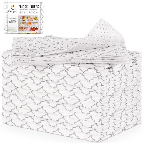 Cooyes 6 Pack Absorbent Refrigerator Liners, Non Slip Fridge Bin Liners and Mats Washable, Refrigerator Shelf Liner for Glass Shelves and Kitchen Cabinet Drawer, 12 × 24 (12, White Geometric)