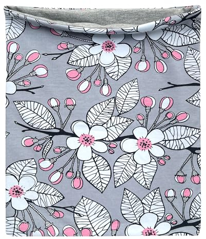Wollhuhn Kinder Long Loop MAXI Halswärmer/Schlupf-Schal Extra Lang Jungen/Mädchen Viele Motive 20240201 (Baumwolljersey, Kirschblüten Grau/Rosa)