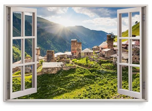 Paul Sinus Wandbild 120x80cm Fensterbild Altes Bergdorf Berge Natur Grün Sonnenschein