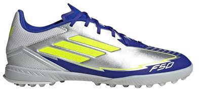 adidas Unisex F50 League Football Boots Turf, Silver Metallic/Solar Yellow/Lucid Blue, 9.5 UK
