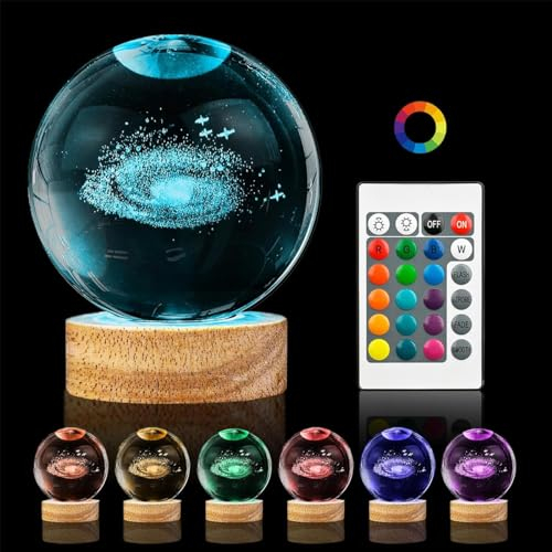 3D Galaxie Kristallkugel Nachtlicht 16 Farben Lampe 80mm Galaxie System Kristallkugel USB Ball Lampe Nachtlicht mit Holzsockel Schneekugel Glas Lasergravur Geschenk für Frauen Kinder Freunde Familie