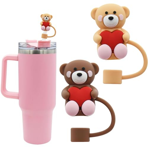 Mezrkuwr 2 Stück Stroh-Abdeckkappe mit herzförmige Bärenform Für Stanley-Becher, Silikon, strohhalm abdeckung, wiederverwendbare, Lustige Geschenke für Liebhaberpaare