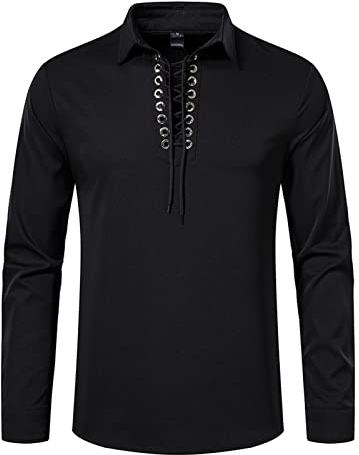 Leinenhemd Herren Vintage mit Schnürung Freizeithemd Retro Style Baumwolle Mittelalter Stehkragenhemd Steampunk Piratenkostüm Gothic für Mittelalter, Wikinger, Hippie Universal Fit