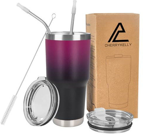 CherryKelly 30oz (850ml) Insulated Travel Tumbler Mug Stainless Steel Vacuum Coffee Cup with 2 Leak-Proof Lids & Straws, BPA-Free, Hot & Cold, Commute, Gym, Office - Purple&Black