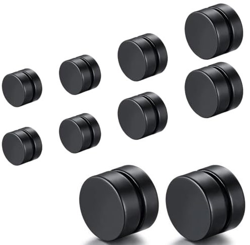 JEXOWIQ 8 Paare magnet ohrringe,6-12MM Edelstahl Magnet Ohrringe für Herren Damen Rund Ohrstecker Clips Non-Piercing Schwarz Silberton