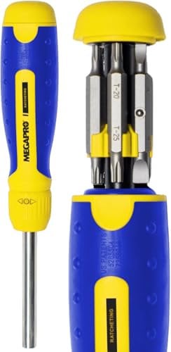 Ratcheting Screwdriver - 13-in-1 Multi Bit Screw Driver w/ ¼ Hex Shaft for Phillips, Star, Flat, Square Bit - Ratchet Screwdriver w/Retractable Cartridge - Multi Screwdriver (Yellow)