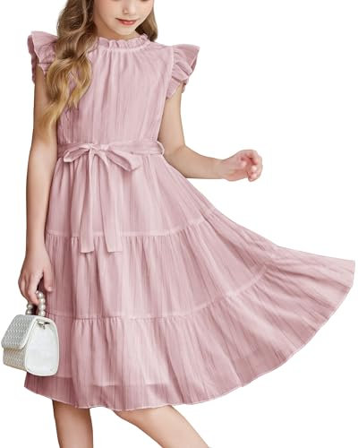 Arshiner Robes pour Filles Rose Robe en Mousseline de Soie sans Manches Robes à Volants Robe d'anniversaire pour Enfants Robe décontractée Robe de Soirée Robe de Princesse avec Ceinture 12-13 Ans
