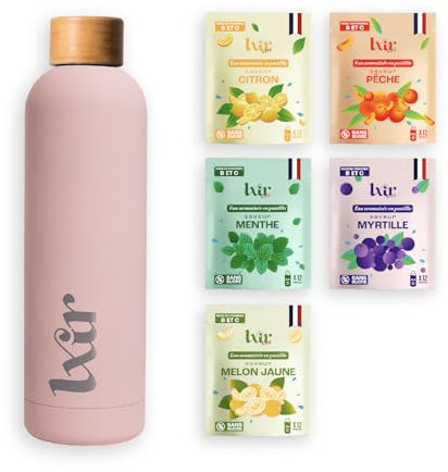 LXIR DRINK - Eau aromatisée en pastille sans sucre - Boisson multivitamines - Riche en vitamines C et B - Hydratation quotidienne - Beauté de la peau - Vitalité - 60 unités - 5 saveurs + 1 gourde ROSE