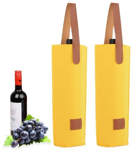 QUEXLAI 2 Stück Filz-Weinbeutel, Weinflaschenbeutel, Weinflaschen-Aufbewahrungsbeutel, Getränketaschen, Wiederverwendbare Weinflaschenbeutel für Partys, Picknicks, Reisen (Gelb)