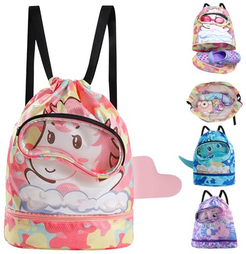 Cyiecw Wasserdichter Schwimmrucksack Kinder mit Kordelzug, Schwimmtasche Turnbeutel mit Bodenfach und Brillenbereich, Nasser und Trockener Sportrucksack Kinder für Mädchen und Jungen (Einhorn)