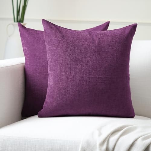 Encasa XO Chenille Kissenbezüge Set von 2 | Purple - (20x20) (50x50 cm) | Dekorative Akzent Quadratische Wurfkissenbezüge Für Couch, Heimdekoration, Sofa