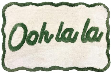 Mooky Mats Ooh La La Slogan Scallop Bath Mat Non Slip 50 x 80cm – Super Soft, Absorbent & Quick Dry Fun Scalloped Edge Bathroom Rug (Green/Cream)