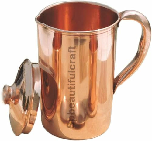 HRS India Wasserkrug aus reinem Kupfer, glatt, schlicht, Wassertrinken, Aufbewahrungsbehälter, Topf, Ayurveda, gesundheitliche Vorteile, 2 Liter