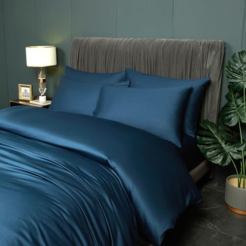 DXHOME Bambus Bettwäsche 135x200cm 4teilig Dunkelblau Blau Uni Glatt Luxus Lyocell Glänzend Bettwäsche Sommerbettwäsche Kühlende Bettbezüge mit Reißverschluss und 2 Kissenbezüge 80×80cm