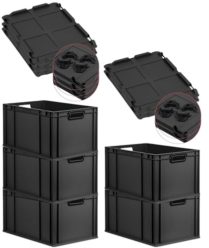 PROREGAL SparSet 5x Eurobox NextGen Color mit Auflagedeckel und Schiebeschnappverschlüsse, HxBxT 32x40x60cm, 65L, Schwarz, Griffe schwarz offen, Eurobehälter, Transportbox, Transportbehälter
