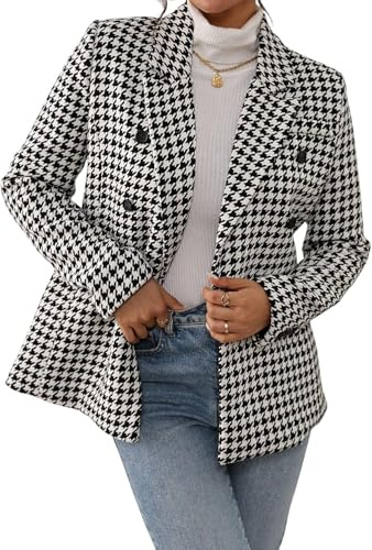 Lazutom Blazer pied-de-poule en laine pour femme avec revers cranté à double boutonnage