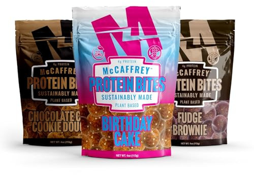 McCaffrey Protein Bites – Variety Flavor Pack – Fudge Brownie, Chocolate Chip, Birthday Cake - 3 Multi-Serving 4oz Bags – 4g of Protein per Serving – Gluten-Free, Vegan, High Fiber Energy Snack