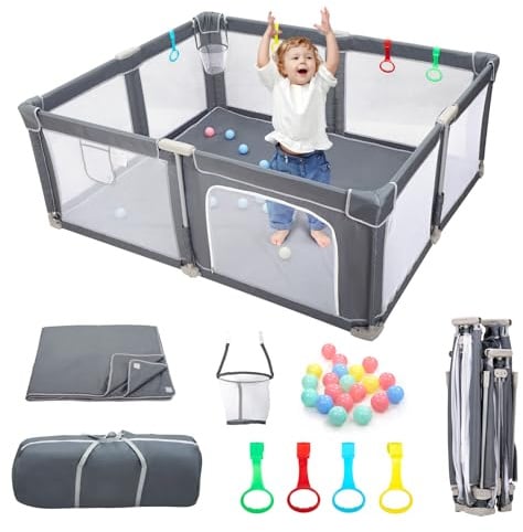 CHOLY faltbarer Baby-Laufstall mit Matte, Laufstall für Babys Kleinkinder | tragbarer Spielplatz mit Ozeanbällen, schnell aufbaubarer Kinderzaun mit Reisetasche (grau, 180*150 cm)