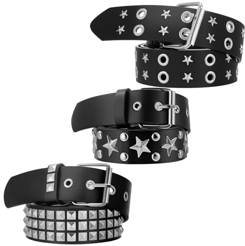 JATEBI 3 Pcs Y2K Black Studded Belt Metal Goth Punk Rock Belts with Shiny Pyramid Studded and Star for Women