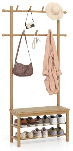 COSTWAY Porte Manteau avec Banc en Rotin PE, Vestiaire d'Entrée Bambou, Banc Chaussures à 2 Niveaux, 13 Crochets, Hauteur 169,5 cm, Meuble Entree Design Boheme Cannage, pour Couloir, Chambre (Naturel)