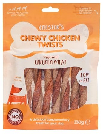 Chester's Chewy Chicken Twists - Dog Treats – Low Fat, Natural Snacks with Real Chicken – 130g Pack – Healthy Reward for Dogs