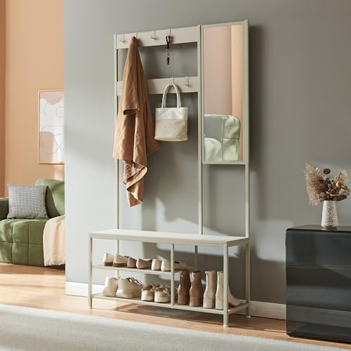 [en.casa] Garderobe Napinerg Flurgarderobe 185 x 98 x 34 cm Garderobenständer mit Spiegel Schuhregal und Sitzbank Kleiderständer Kompaktgarderobe Sandfarben