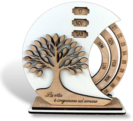 D A N A E FRAGRANZE ITALIANE Calendario Perpetuo Personalizzato in Legno con Albero della Vita, Bomboniera Completa, Battesimo, Comunione, cresima, Matrimonio, Anniversario.12x13 cm