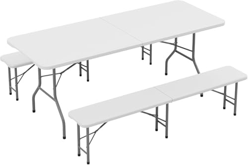 mcc direct 6ft (180cm) Folding Table with 2 Benches Heavy Duty – Set of 3 Indoor & Outdoor Plastic Table & Bench Set for Garden, Picnic, BBQ, Camping, Party & Catering (White)