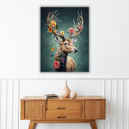 Pro-Art Leinwand Bilder Hirsch mit Blumen Groß 40x50 cm Bild Wohnzimmer Bild modern Deko Wandbilder Schlafzimmer Tiere