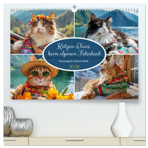 Katzen-Divas beim alpinen Fotoshoot. Extravagante Katzenmode (hochwertiger Premium Wandkalender 2026 DIN A2 quer), Kunstdruck in Hochglanz: Die Feline ... der trendigsten Samtpfoten (CALVENDO Tiere)
