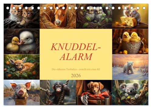 Knuddel-Alarm (Tischkalender 2026 DIN A5 quer), CALVENDO Monatskalender: Die süßesten Tierbabys zum Liebhaben - erstellt mit Hilfe einer KI (CALVENDO Tiere)
