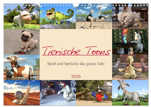 Tierische Toons (Wandkalender 2026 DIN A3 quer), CALVENDO Monatskalender: 12 witzige Cartoon-Tiere und die passenden Sprüche dazu. Ein Spaß für das ganze Jahr. (CALVENDO Spass)
