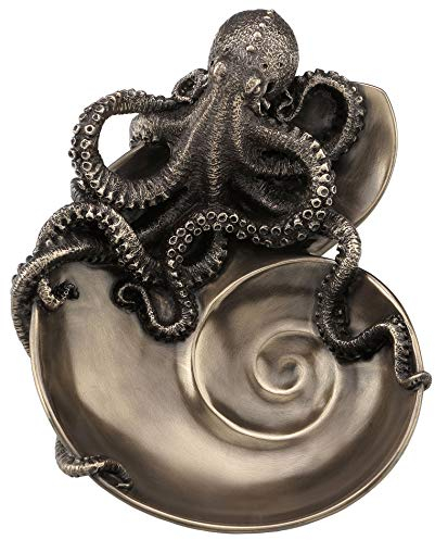 Harz Statuen Container von Neugier Bronze Finish Oktopus auf Nautilus Shell Tablett 17,8 x 6,3 x 14 cm Bronze
