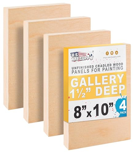 U.S. Art Supply 8 x 10 Unfinished Cradled Wood Panels for Painting, Gallery 1-1/2 Deep (4 Pack) - Artist Depth Wooden Wall Canvases - Mixed-Media Craft, Acrylic, Oil, Encaustic, Paint Pouring