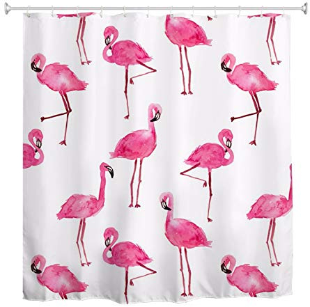 A.Monamour Duschvorhang Handbemalte Aquarell Rosa Flamingo Weißer Hintergrund Wasserdichter Polyester Duschvorhang Für Badezimmer Badewanne Zubehör 180X200 cm / 72 X78
