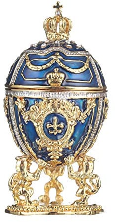 Fabergé-Stil Ei/Schmuckkästchen mit Löwen & Kaiserkrone 7,5 cm blau