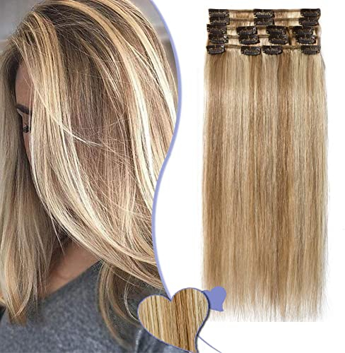 Elailite Clip in Hair Extensions Real Human Hair - 100% Remy Hair Straight 8 Pcs Thin Weft (#12/613 Golden Brown Mix Bleach Blonde, 10 Inch (50 g))