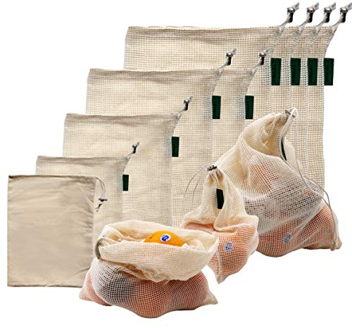 OUGEER 9er-Set wiederverwendbare Produkt-Beutel, Einkaufsnetz Gemüsebeutel Wiederverwendbare Obstbeutel Brotbeutel Nachhaltige Baumwollbeutel Obst Einkaufsbeutel Gemüsenetze