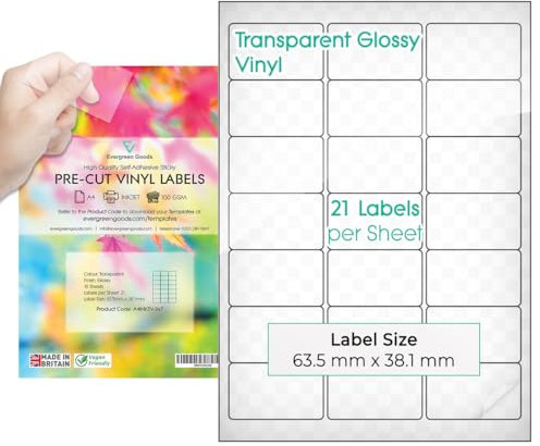 10 fogli di alta qualità A4 pretagliati, in vinile trasparente, autoadesivi, autoadesivi, di qualità, stampabili a getto d'inchiostro, non impermeabili, finitura lucida (3 x 7 (21 per foglio))