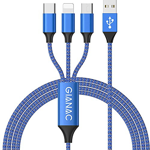 3 in 1 Multi Charger Cable [1.2M] Multiple USB Cable Nylon Braided with Micro USB Type C Lightning Cable Connector for iPhone, Android Galaxy, Huawei, Nexus, Nokia,LG, Sony, PS4-blue